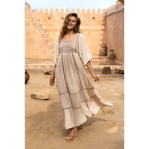 NOVICA Embroidered Boho Dress L Beige India Peasant Tiered Midi Romantic